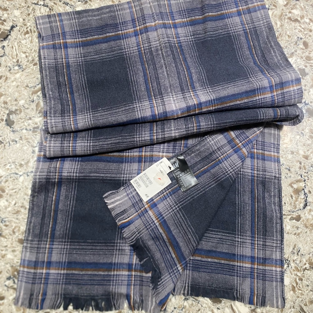 H&M Blue and Gray Plaid Scarf with Fringed Edges🧣🕵️‍♂️